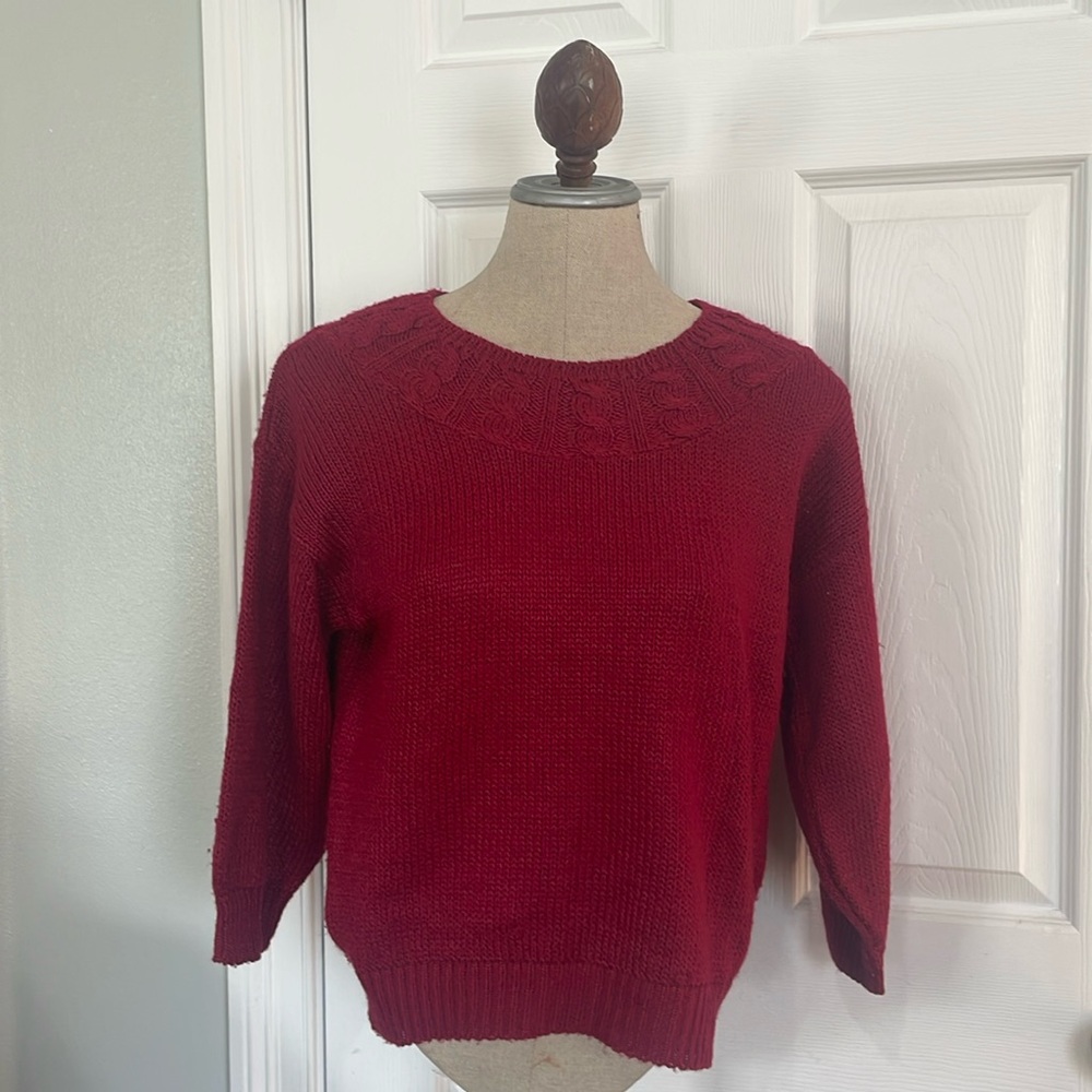 Vintage Alison J Burgundy red pull over cable knit sweater women’s petite P